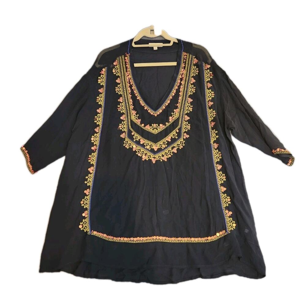 Monsoon Sheer Cover Up Tunic Size M Oversized‎ Embellished Kaftan Embroidered